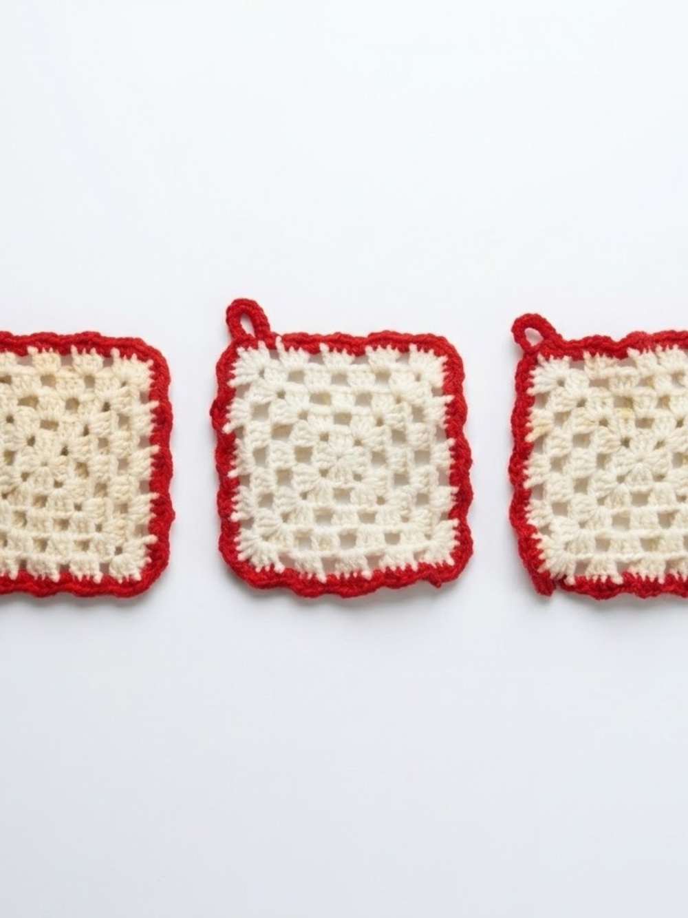 Vintage Hand Crocheted Granny Square Potholders Red White Hot Pads Trivets Set 3